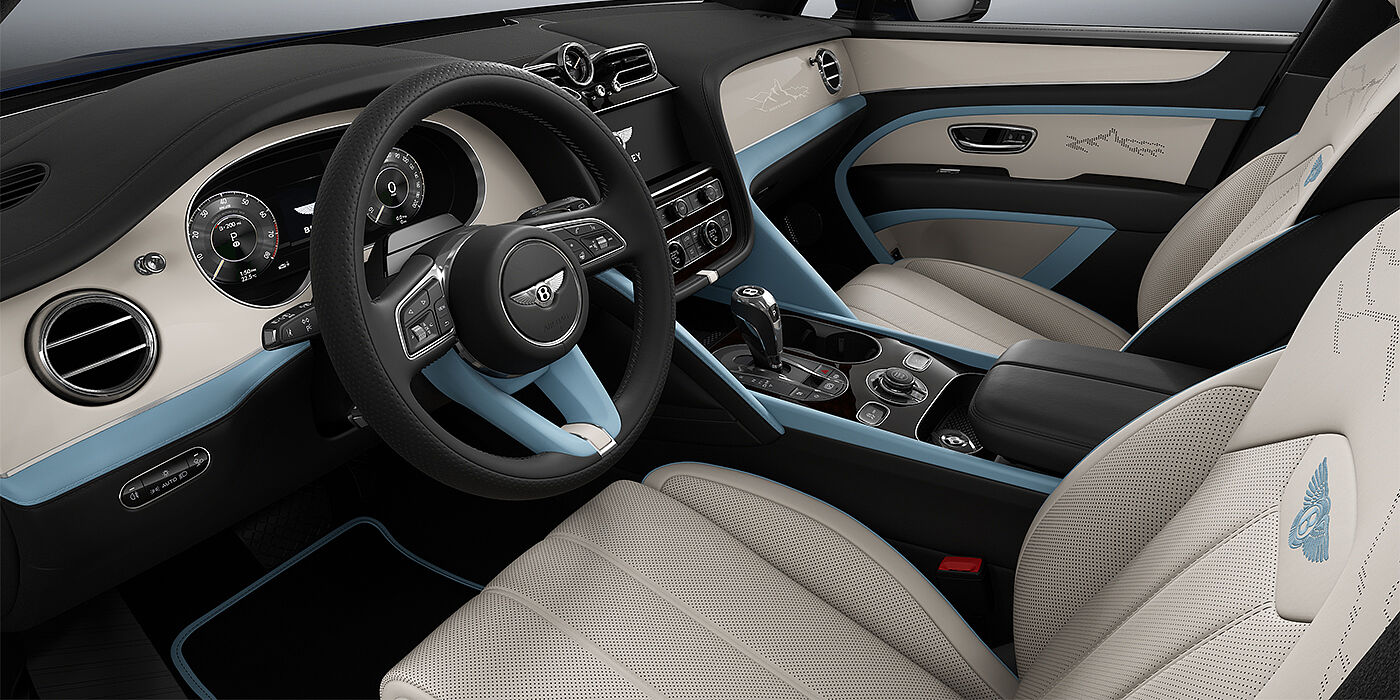 Gohm Sportwagen GmbH | Bentley Stuttgart Bentley Bentayga Artenara Edition SUV front cabin in Linen and Beluga Black hides with Light Blue accents and Piano Linen veneer