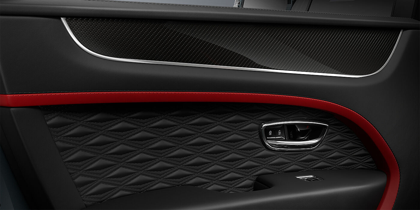 Gohm Sportwagen GmbH | Bentley Stuttgart Bentley Bentayga Speed SUV door interior detail in Pillar Box Red and Beluga black hides with Carbon Fibre veneer