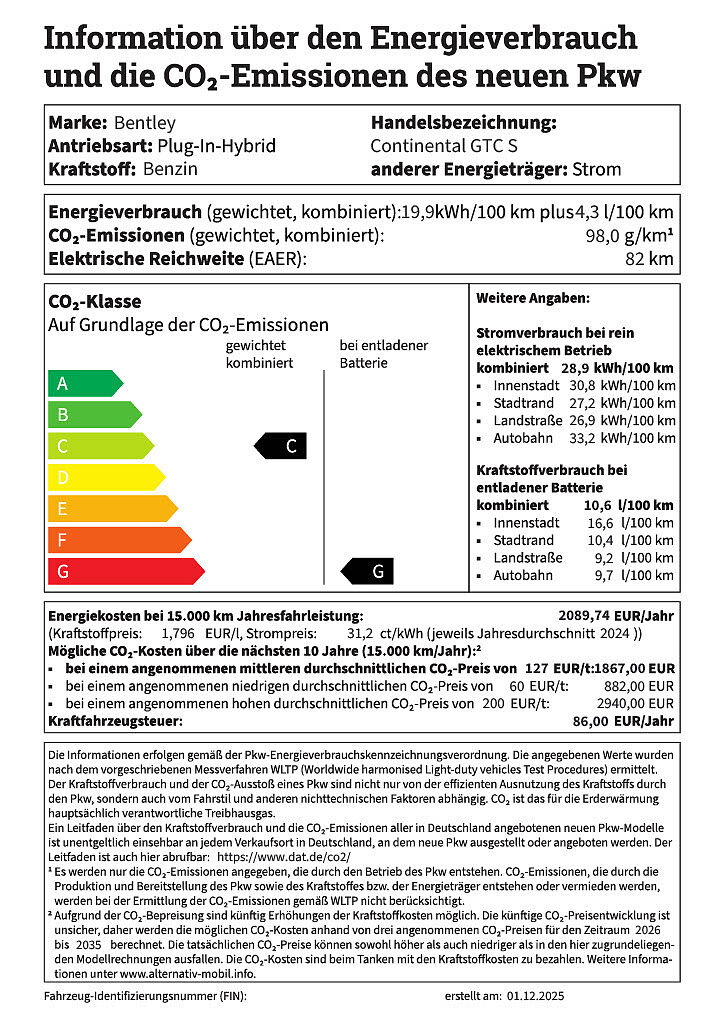 Bentley Continental GTC S 2025 information über den energieverbrauch und die co2-emissionen des neuen pkw