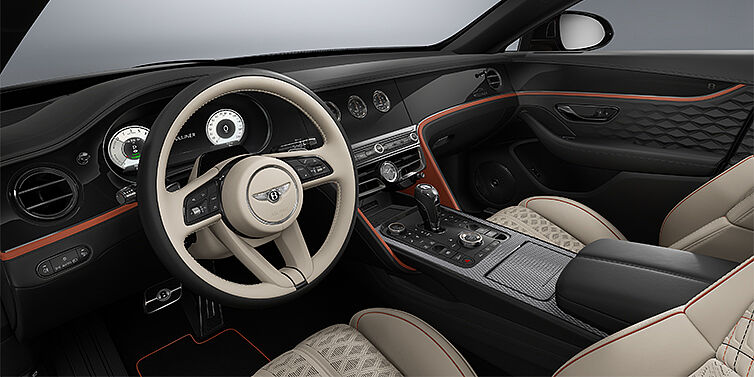 Gohm Sportwagen GmbH | Bentley Stuttgart New Bentley Flying Spur Mulliner sedan front interior in Portland and Beluga Black hides with Grand Black veneer