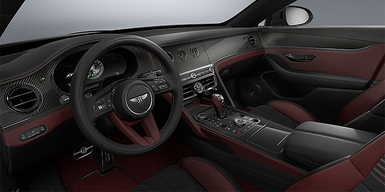 Gohm Sportwagen GmbH | Bentley Stuttgart New Bentley Flying Spur S sedan front interior in Cricket Ball red  and Beluga Black hides with Diamond Brushed Dark Tint Aluminium veneer