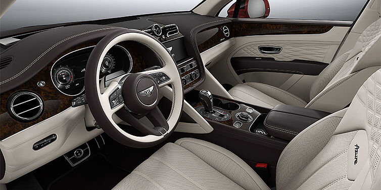 Gohm Sportwagen GmbH | Bentley Stuttgart Bentley Bentayga EWB Azure SUV front interior in Linen and Burnt Oak hides with Dark Stained Burr Walnut veneer