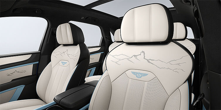Gohm Sportwagen GmbH | Bentley Stuttgart Bentley Bentayga Artenara Edition SUV front seats in Linen and Beluga Black hides with Light Blue accents and Artenara stitch detail