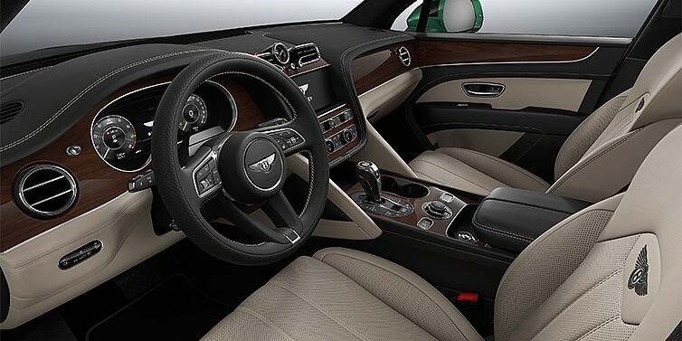 Gohm Sportwagen GmbH | Bentley Stuttgart Bentley Bentayga SUV front interior in Portland and Beluga black hides with Crown Cut Walnut veneer