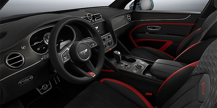 Gohm Sportwagen GmbH | Bentley Stuttgart Bentley Bentayga Speed SUV front interior in Pillar Box Red and Beluga black hides with Carbon Fibre veneer