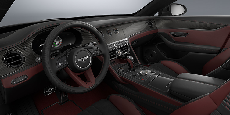 Gohm Sportwagen GmbH | Bentley Stuttgart New Bentley Flying Spur S sedan front interior in Cricket Ball red  and Beluga Black hides with Diamond Brushed Dark Tint Aluminium veneer