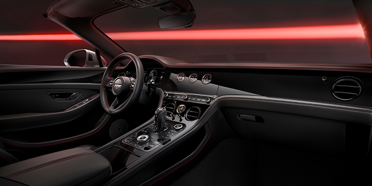 Gohm Sportwagen GmbH | Bentley Stuttgart Bentley Continental GTC Black Edition convertible front interior with Beluga black hide and High Gloss Carbon Fibre veneer