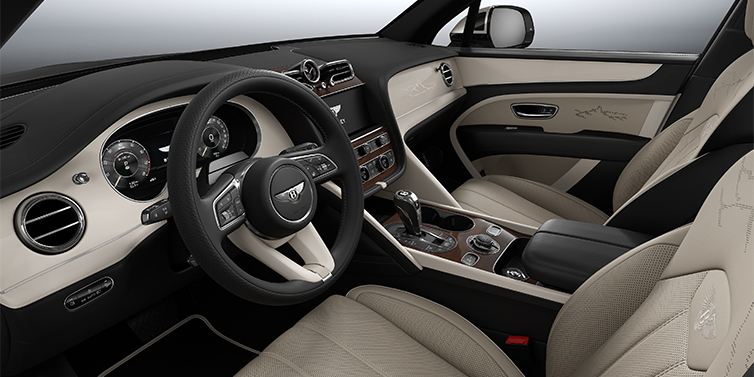 Gohm Sportwagen GmbH | Bentley Stuttgart Bentayga EWB Artenara Edition SUV front interior in Portand and Beluga Black hides with Piano Linen veneer