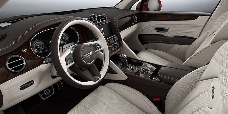 Gohm Sportwagen GmbH | Bentley Stuttgart Bentley Bentayga EWB Azure SUV front interior in Linen and Burnt Oak hides with Dark Stained Burr Walnut veneer
