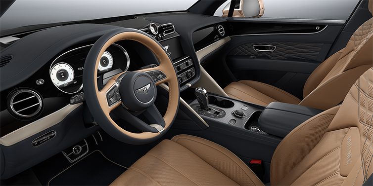 Gohm Sportwagen GmbH | Bentley Stuttgart Bentley Bentayga EWB Mulliner SUV front interior in Camel and Brunel hides with Grand Black veneer and Aluminium console