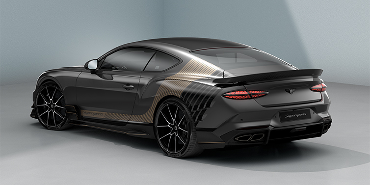 Gohm Sportwagen GmbH | Bentley Stuttgart Bentley Supersports rear three quarter in "Nightfall Design theme with Anthracite paint and Beluga black and Camel brown paint stripes across the rear haunch.