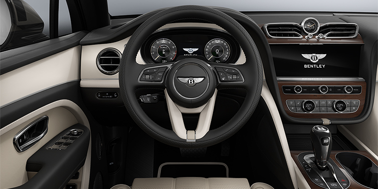 Gohm Sportwagen GmbH | Bentley Stuttgart Bentayga EWB Artenara Edition SUV front interior steering wheel detail in Portand and Beluga Black hides with Piano Linen veneer