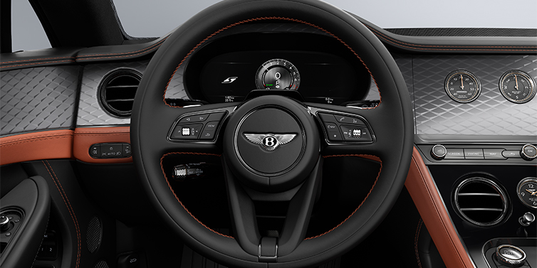 Gohm Sportwagen GmbH | Bentley Stuttgart Bentley Continental GT coupe steering wheel and dash in Newmarket Tan and Beluga black hides with Diamond Brushed Dark Tint Aluminium veneer